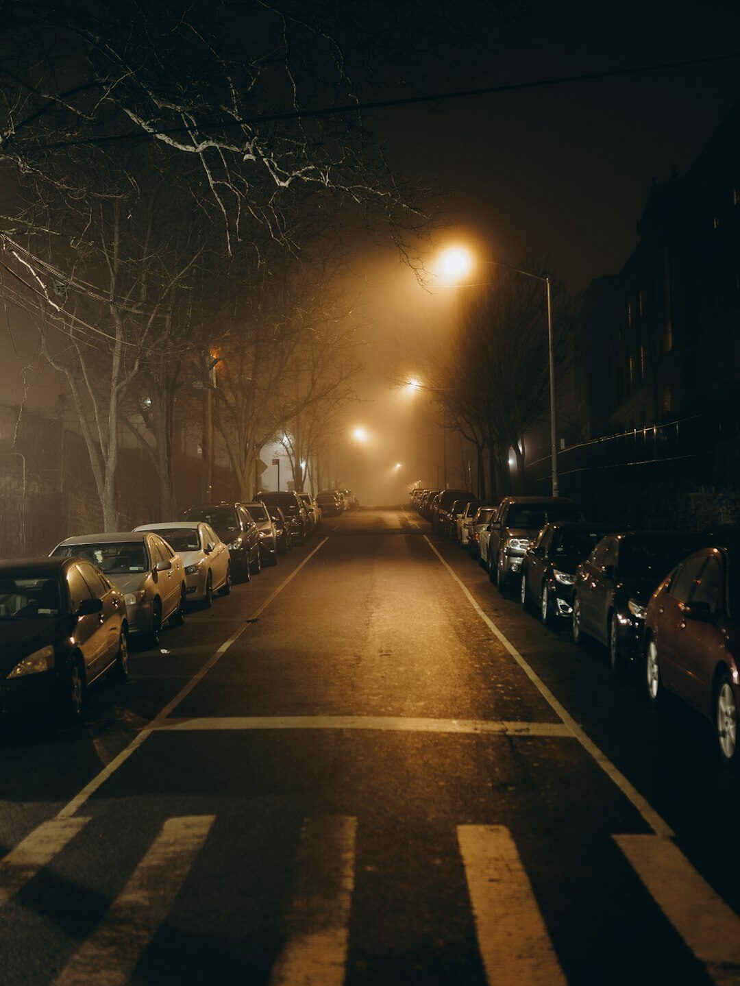 foggy city street at night